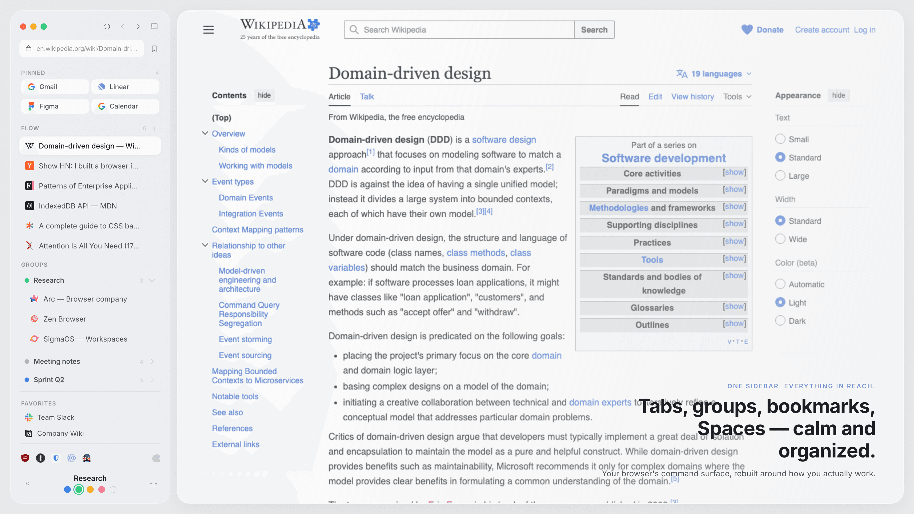 Step Browser, premium sidebar interface with Spaces, groups, and split view