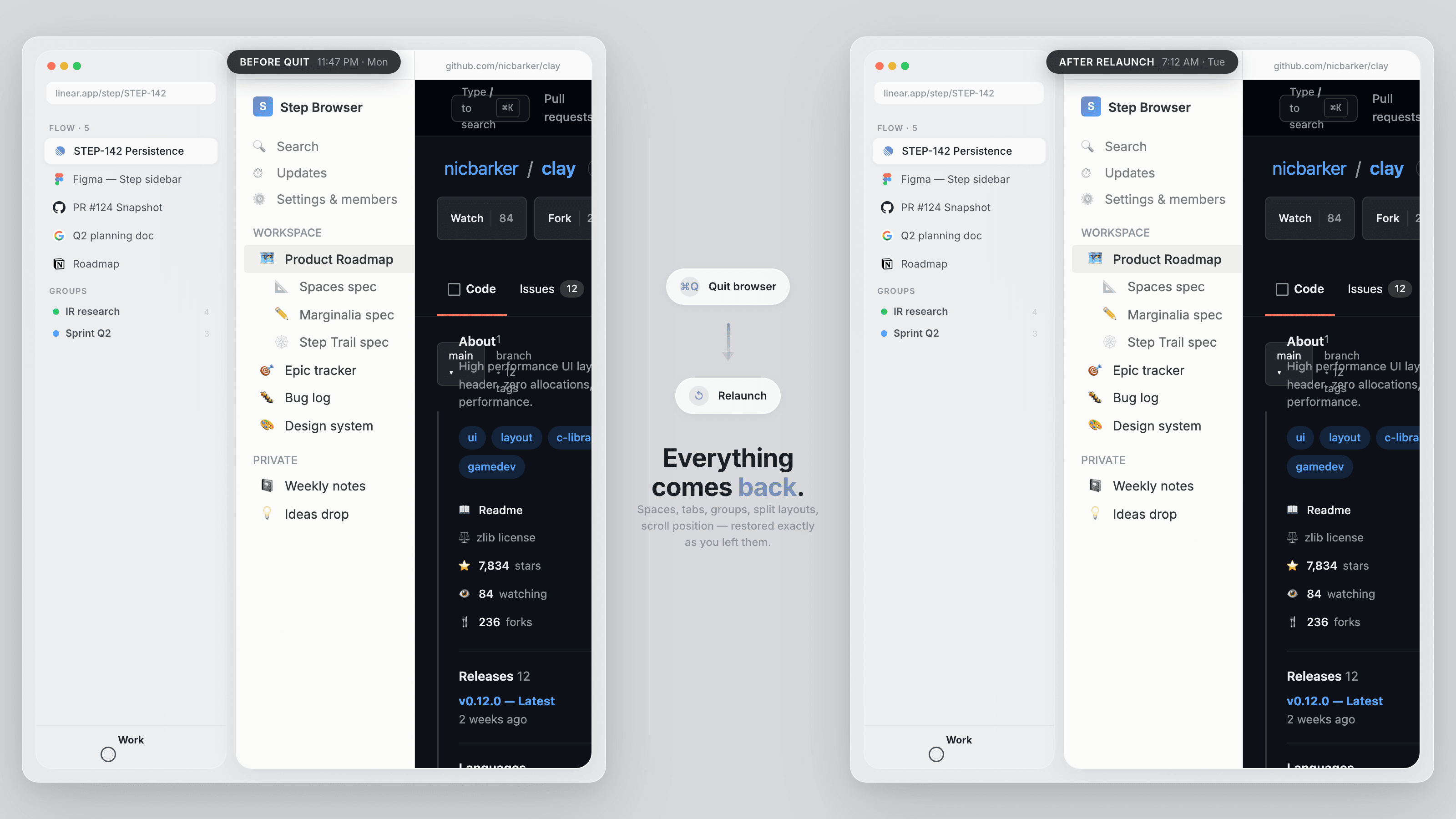 Step Browser persistence, close and reopen with identical state